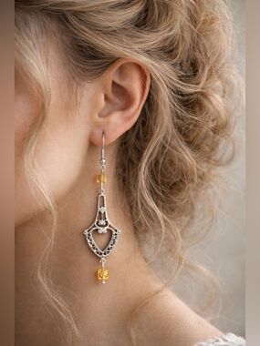 Vintage-Inspired Filigree Drop Earrings | Silver  + Golden Crystal Accents